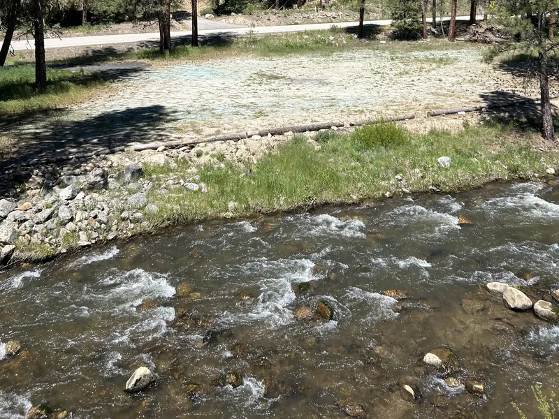 Mores Creek tumbling over rocks toward the property, pines crowding the far bank.